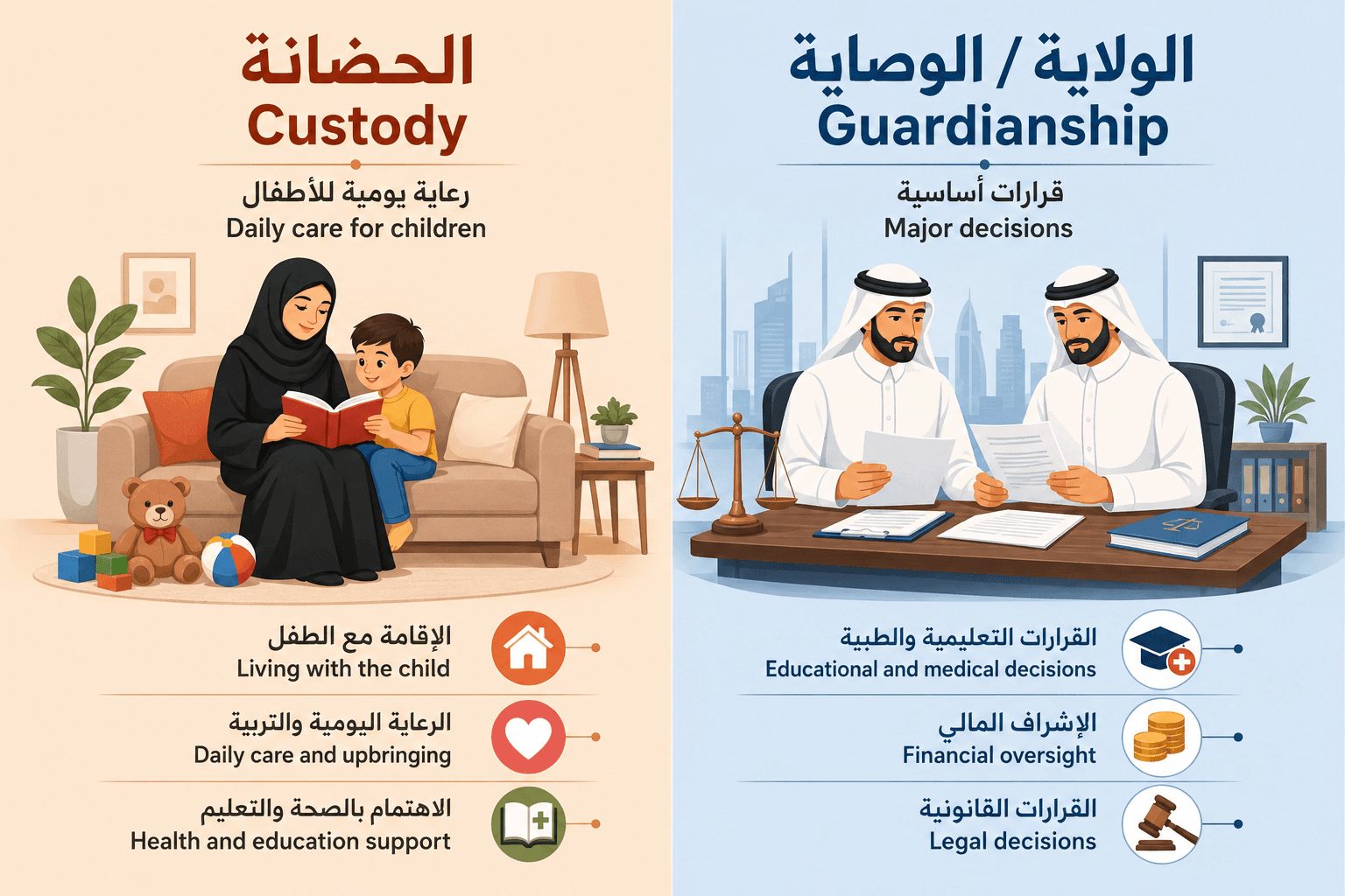 Simple visual guide explaining child custody and guardianship issues in Qatar