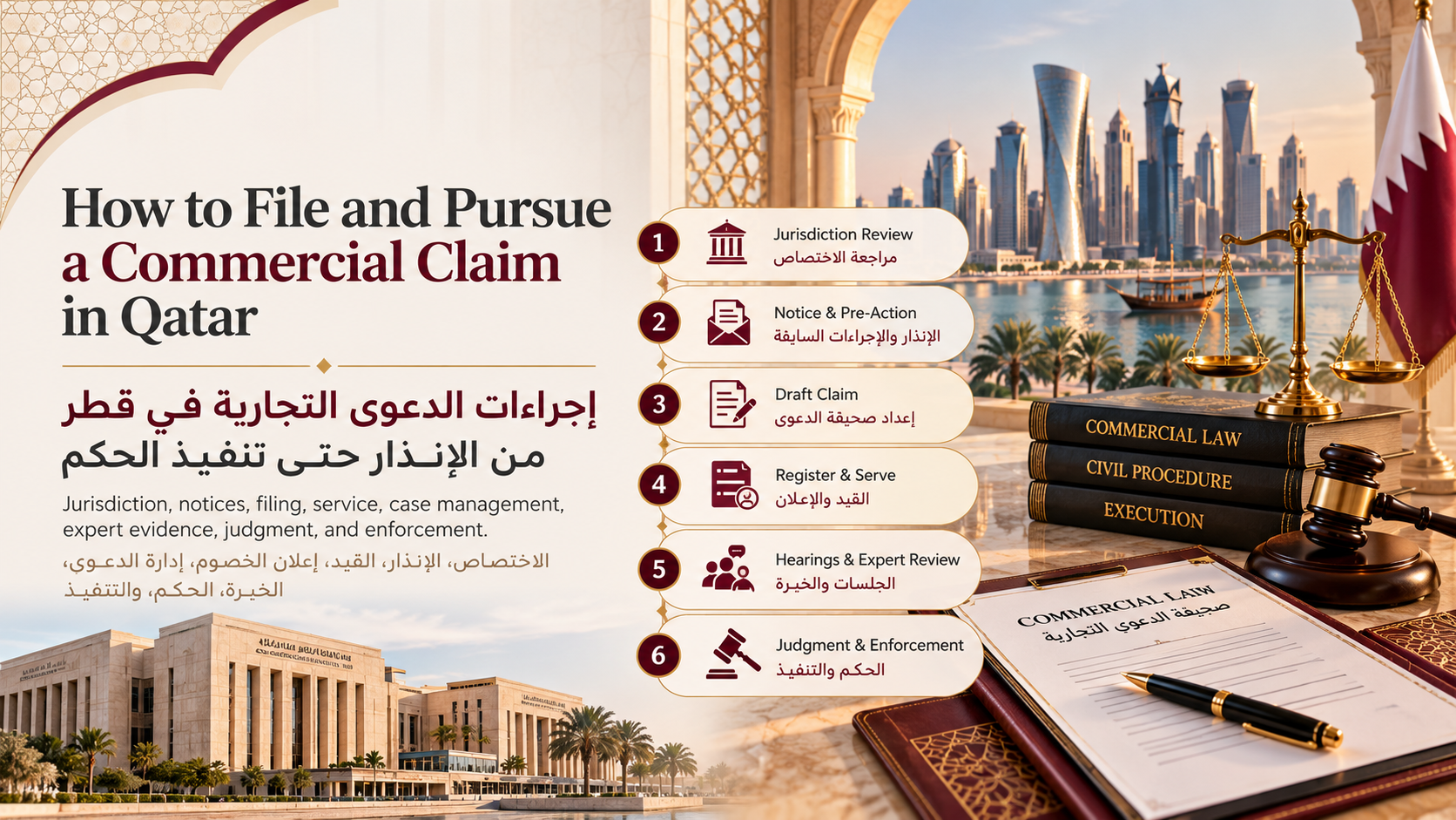 رفع دعوى تجارية في قطر | الإجراءات والمستندات والتنفيذ