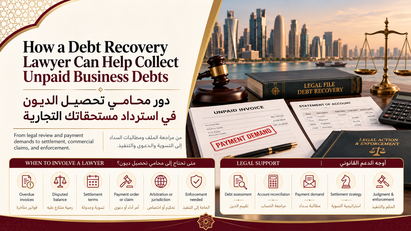 محامي تحصيل ديون في قطر | المطالبات والتسويات والتنفيذ